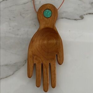 Wooden Hand-Shaped Pendant with Turquoise Accent